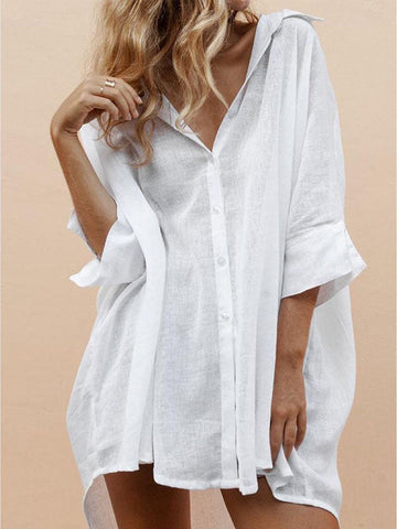 Woochic midi-longue blouse en lin coton boutonnage manches 3/4 femme casual chemisier Blanche S